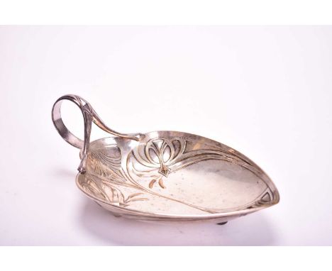 A WMF elecroplated card trayOf leaf form with relief moulded stylised rushes and scroll handle, raised on ball feet, 28cm wid