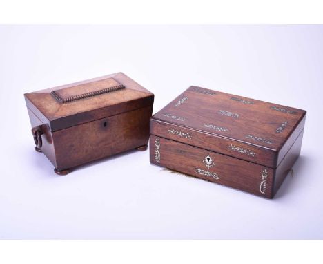 A Victorian inlaid rosewood sewing boxInlaid with mother-of-pearl, the interior with fitted lift-out tray, cotton winders, ne