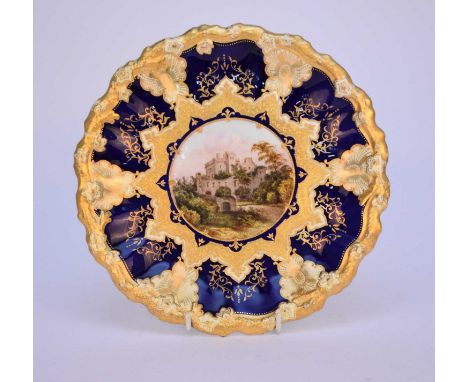 A Coalport dessert plate, circa 1891-1919of shaped, circular form with a moulded border, the cobalt and pale yellow ground wi
