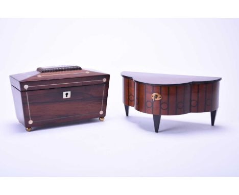 A Victorian rosewood tea caddyOf sarcophagus form, inlaid with mother-of-pearl, 20cm wide, together with an Edwardian mahogan