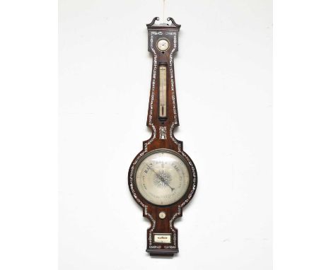 A 19th century inlaid rosewood banjo barometer, Bianchi &amp; Co., WolverhamtonThe case with swan-neck pediment, inlaid with 