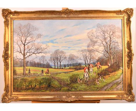 Paul Morgan (British 20th Century) Large Hunting Scene showing riders and hounds approaching a field boundary, signed Paul Mo
