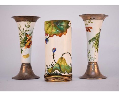 A pair of silver-mounted Coalport porcelain trumpet vases, decorated with flowers and butterflies, hallmarked for Thomas Lath