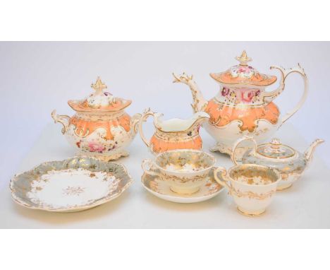 An assembled group of Coalport, comprising a teapot, sucrier and cream jug, circa 1831-32, pattern 2/693, with peach and whit