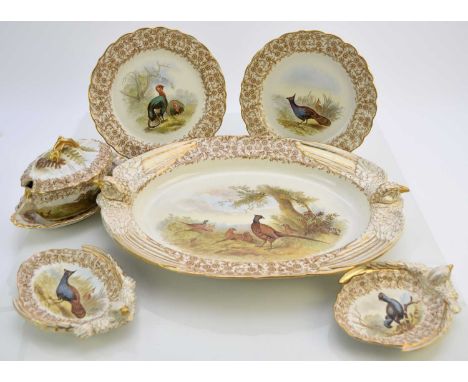 A Royal Worcester 'Game Birds' part dinner service, dated 1889, pattern 3425, comprising a sauce tureen and cover, two oval s