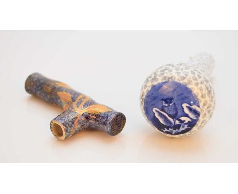 A rare Coalport cane handle, circa 1880, transfer-printed in underglaze blue a roundel from the Owl in the Moonlight pattern 