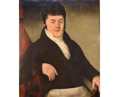 British School (19th Century) Portrait of a Seated Gentleman holding a copy of the Gazeteer, oil on canvas, 77 x 65 cm, frame