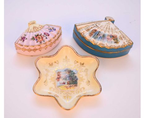 A small group of Coalport, late 19th century, comprising a fan-shaped trinket box and cover, blue ground with a painted lands