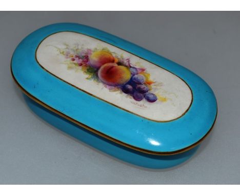 A ROYAL WORCESTER OVAL TURQUOISE GROUND BOX AND COVER, painted with fruit by W H Austin, signed, date code 1913, and a Royal 