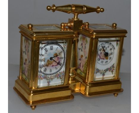 A “SEVRES” DOUBLE MINIATURE CARRIAGE CLOCK AND BAROMETER COMBINED 4ins high.