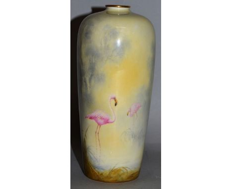 A FINE ROYAL WORCESTER VASE painted with a flamingo in watery landscape by George Johnson, signed.