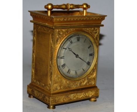 A VERY GOOD 19TH CENTURY FRENCH ENGRAVED BRASS CARRIAGE CLOCK with silvered dial. 5ins high.