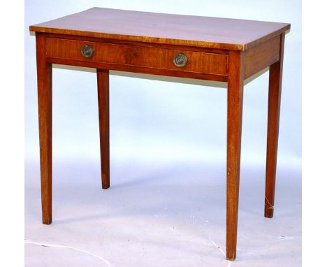 A GEORGE III MAHOGANY SIDE TABLE with a single frieze drawer, brass ring handles, on tapering square legs. 2ft 9ins wide x 1f