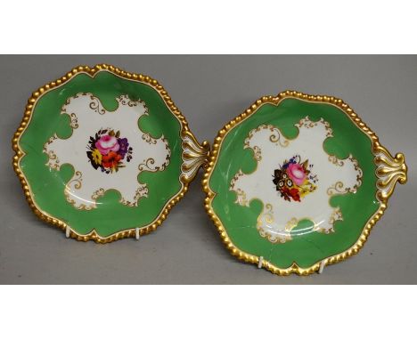 AN EARLY PAIR OF 19TH CENTURY FLIGHT BARR WORCESTER SHELL SHAPED DISHES painted with flowers under an apple green ground, fou