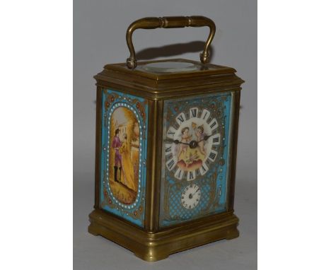 A “SEVRES” BLUE PORCELAIN STRIKING CARRIAGE CLOCK 5.5ins high.