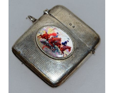 A GEORGE V ENGINE TURNED VESTA, Birmingham 1910, with an oval of a hunting scene.