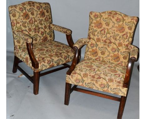 A NEAR PAIR OF GEORGE III DESIGN MAHOGANY FRAMED OPEN ARMCHAIRS, moulded square legs, crewel work tapestry.