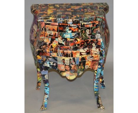 A 20TH CENTURY FRENCH STYLE TWO DRAWER BOMBE COMMODE decorated with comic book scenes. 2ft 0ins wide x 1ft 4ins deep x 2ft 5i