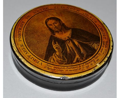 A 19TH CENTURY FRENCH RELIGIOUS CIRCULAR BOX AND COVER, “VÉRITABLE PORTRAIT DE NOTRE SEIGNEUR JÉSUS CHRIST” 3.25ins diameter.
