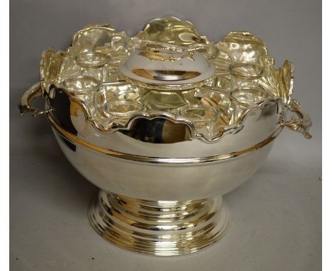 A GOOD SILVER PLATED CAVIAR SET, Monteith design, with eight glass cups.