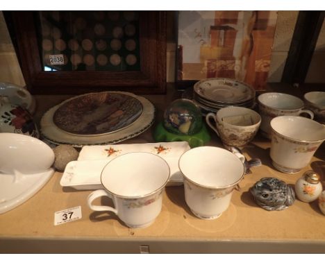 Shelf of mixed ceramics etc including Royal Albert and Aynsley and a framed old penny display etc