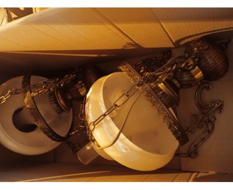 Two ceiling lamps with oil lamp shades and chimneys 
