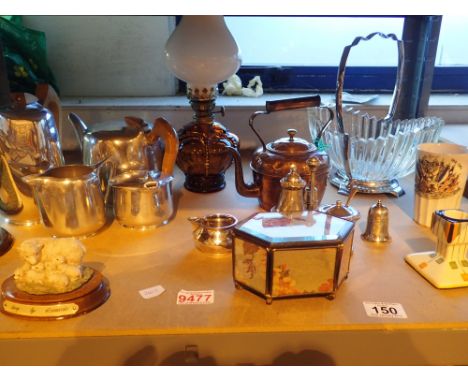 Box of various bric a brac items including oil lamp and silver plate