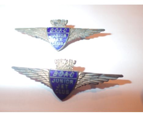 Two white metal and enamel BOAC Junior Jet Club badges