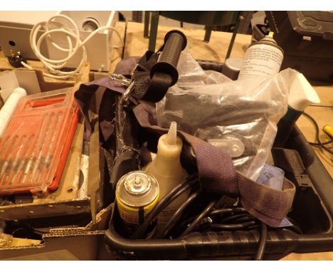 Selection of tools spanners sockets drill bits etc and a box of car cleaning products