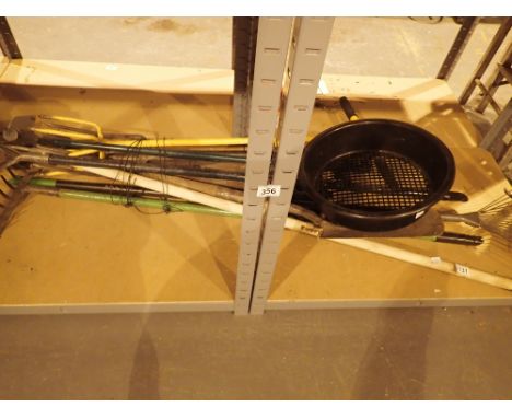 Selection of garden tools fork spade riddle rakes etc
