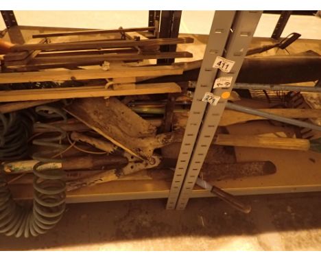 Selection of garden tools strimmer rakes spades forks and roofing felt etc