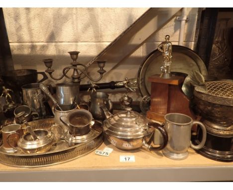 Shelf of mixed metalware including warming pan candelabra trophies etc