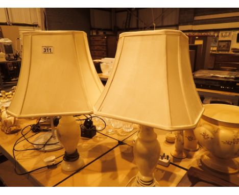 Three white onyx based table lamp and a modern spot lamp