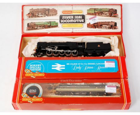 A Hornby R550 BR black class 9F engine and tender, box missing inner packing (G-BD) R328 class 47 diesel locomotive BR two to