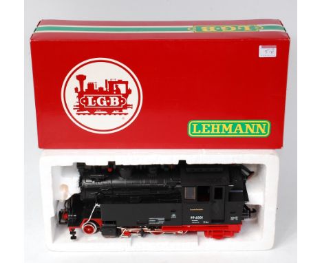 An LGB reference 2080D 2-6-2 DR black tank engine with smoke unit (oil included) appears unused (NM-BNM)