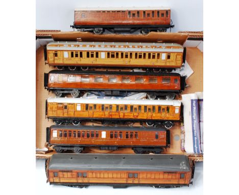 6x LNER teak wooden/plastic bogie coaches by various makers, one fitted with internal lighting - another with loose bogie and