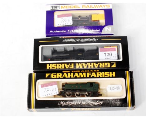 A Farish by Bachmann N gauge BR black Fowler 4F engine and tender (M-BM), Farish BR black pannier tank (in wrong box) and a s