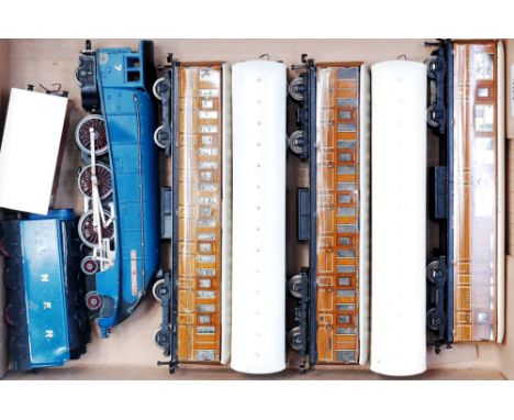 A LNER blue 3-rail post war 'Sir Nigel Gresley' engine and tender (F), 5 D1 coaches (F-G), and a NE teak horse box (G)