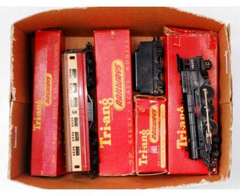 An early Triang R50/R30 black 'Princess Elizabeth' engine and tender together with 2 R21 red/cream coaches (G-BFG)