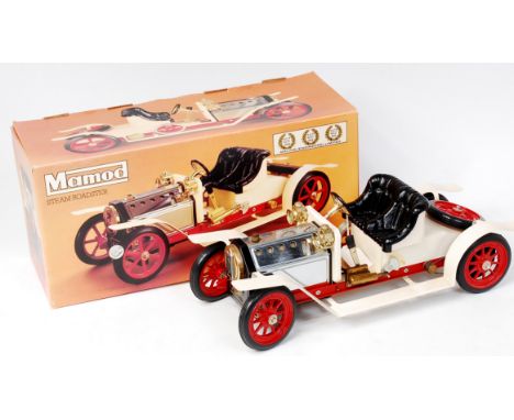 Mamod, SA1 steam roadster, white body with red wheels, appears complete with burner, funnel, steering rod, original box, seat