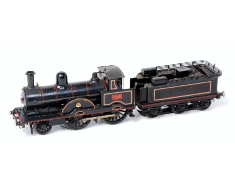 LNWR black 2-4-0 'Jumbo' loco No. 866 'Courier' with skate pickup to connected tender and screw couplings, a nice model (G-VG