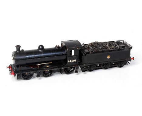 BR black 0-6-0 class J35 engine No. 64509 with can motor and connected 6 wheel tender with skate pickup, some working details