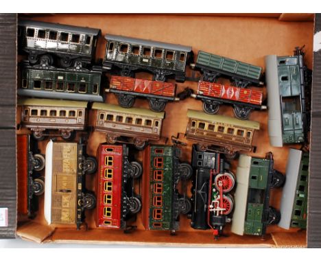 A large tray of mainly continental coaches including 3x brown Karl Bub Pullmans and an orange 1st/3rd class, Bing Milk Traffi