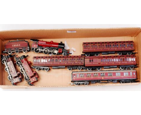 Tray containing Lima LMS red 2-6-0 engine and tender (G), 2 Hornby LMS red 0-6-0 tank engines (G) Stanier corridor coach and 