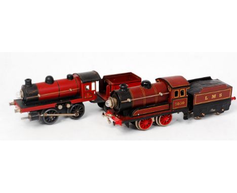 Marklin electric maroon 0-4-0 loco with 4 wheel tender, together with a Bing electric maroon LMS 0-4-0 loco No. 5030 with LMS
