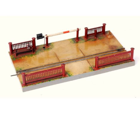 Marklin adjustable level crossing with one barrier operated from track, missing signal and has a seated figure (G), would ben