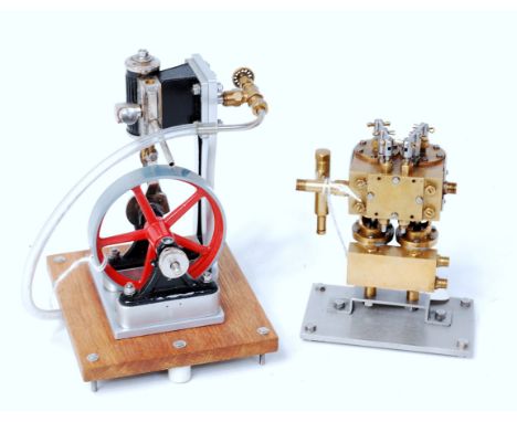 Small scratch built vertical engine, alloy supports, toy steam engine cylinder 2.5 inch flywheel on wood base 4 inch x 4.25 i