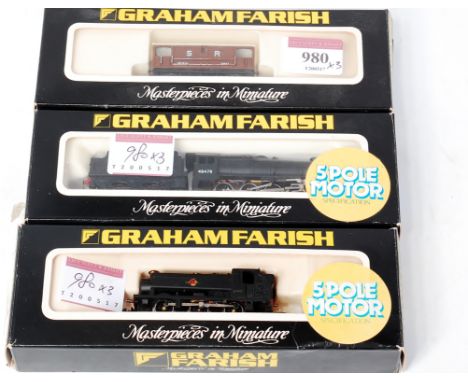 Graham Farish N gauge, BR black class 8F engine and tender (NM-BG) together with BR black 94XX pannier tank engine and SR bra