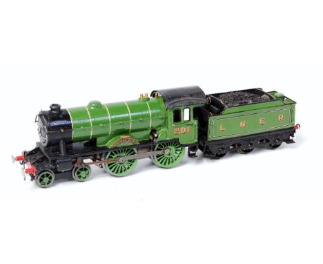 Hornby repainted in lighter green, LNER c/w 4-4-0 No. 2 Special 'Bramham Moor' loco No. 201 - corrosion pitting to cab roof, 