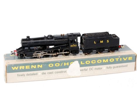 A Wrenn Railways LMS No. 8042 black 2-8-0 engine and tender, some weathering and detail added, in wrong box (FG-BP)